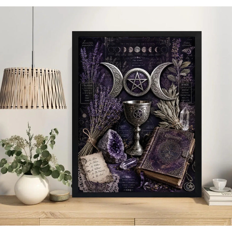 Cuadro Wicca Altar Místico Pentáculo Cristales Arte Vintage Marco Negro