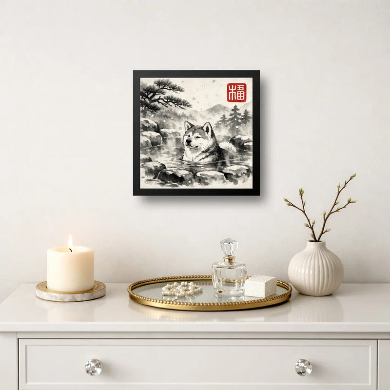 Cuadro Akita Shiba Inu Perro Bano Arte Japones Coleccion Marco Negro