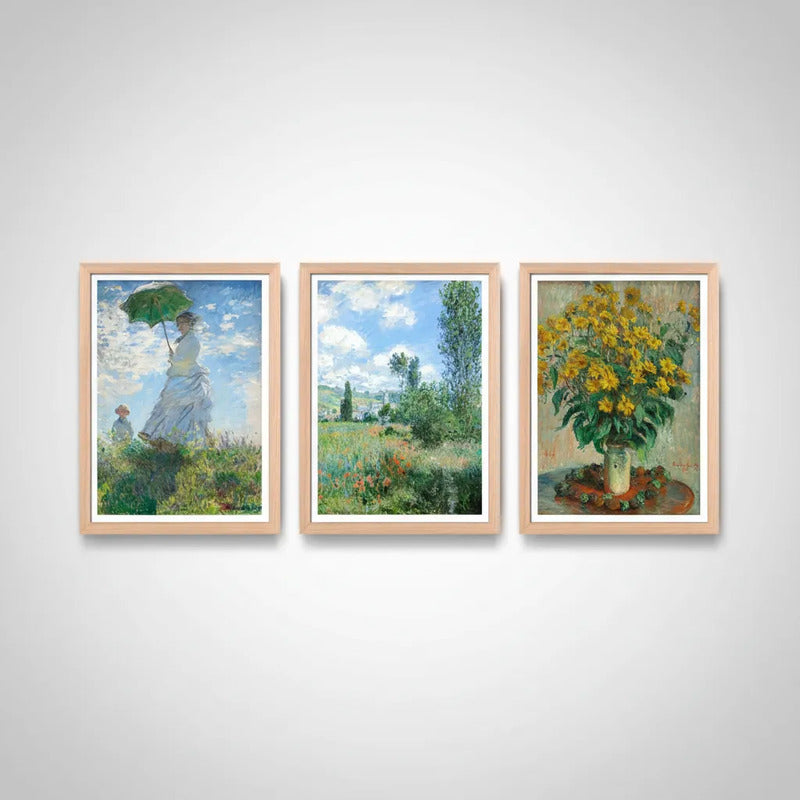Set 3 Cuadros Living Dormitorio Claude Monet Classics Arte Marco Marrón Claro