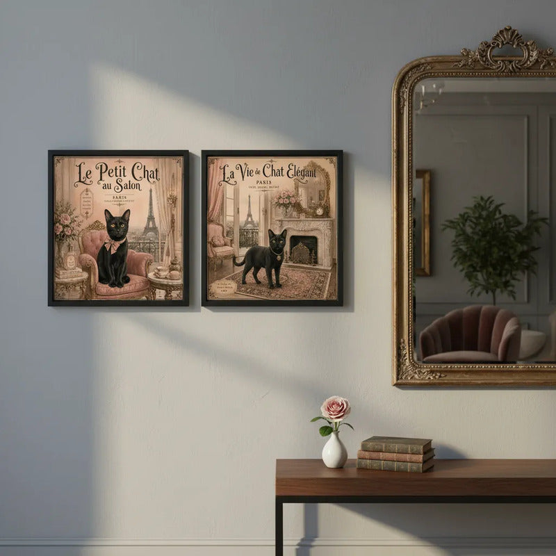 Set 2 Cuadros Decoracion Bano Gato Negro Paris Retro Sillón Marco Negro