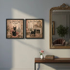 Set 2 Cuadros Decoracion Bano Gato Negro Paris Retro Sillón Marco Negro