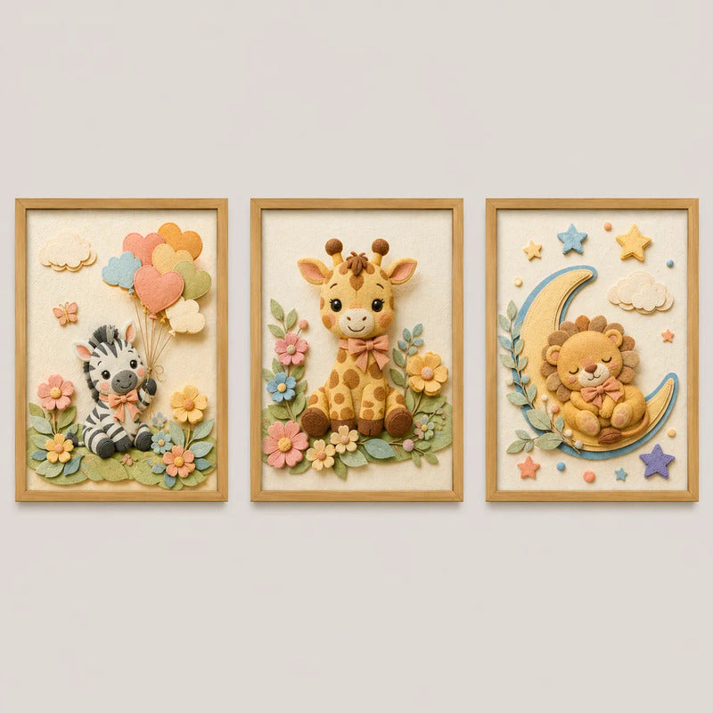 Set 3 Cuadros Infantil Bebe Cebra Jirafa Leon Luna Efecto 3d Marco Madera Oak Madera Clara