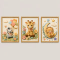 Set 3 Cuadros Infantil Bebe Cebra Jirafa Leon Luna Efecto 3d Marco Madera Oak Madera Clara