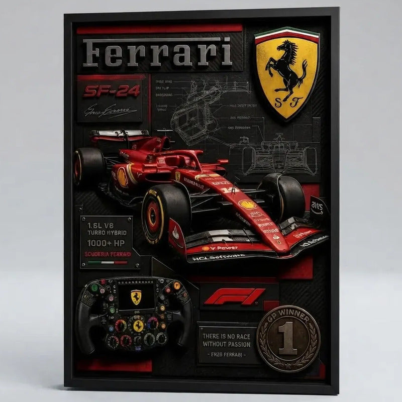 Cuadro Ferrari Formula 1 Auto Icónico Specs Efecto 3d Marco Negro
