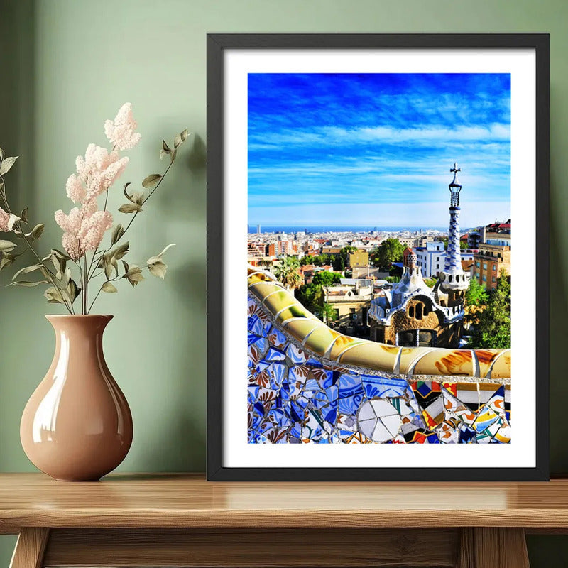Cuadro Barcelona Espana Park Güell Casas Foto Ciudad Paisaje Marco Negro