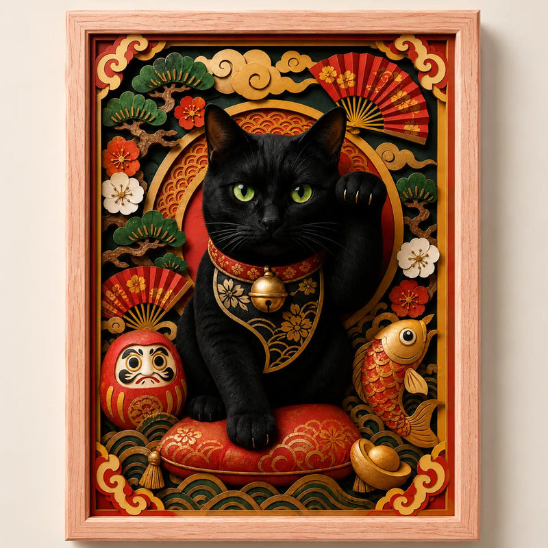 Cuadro Gato Negro Efecto 3d Arte Japones Daruma Pez Koi Marco Marrón Claro