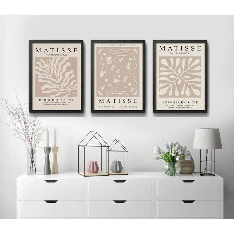 Set 3 Cuadros Dormitorio Living Matisse Tonos Beige Pastel Marco Negro