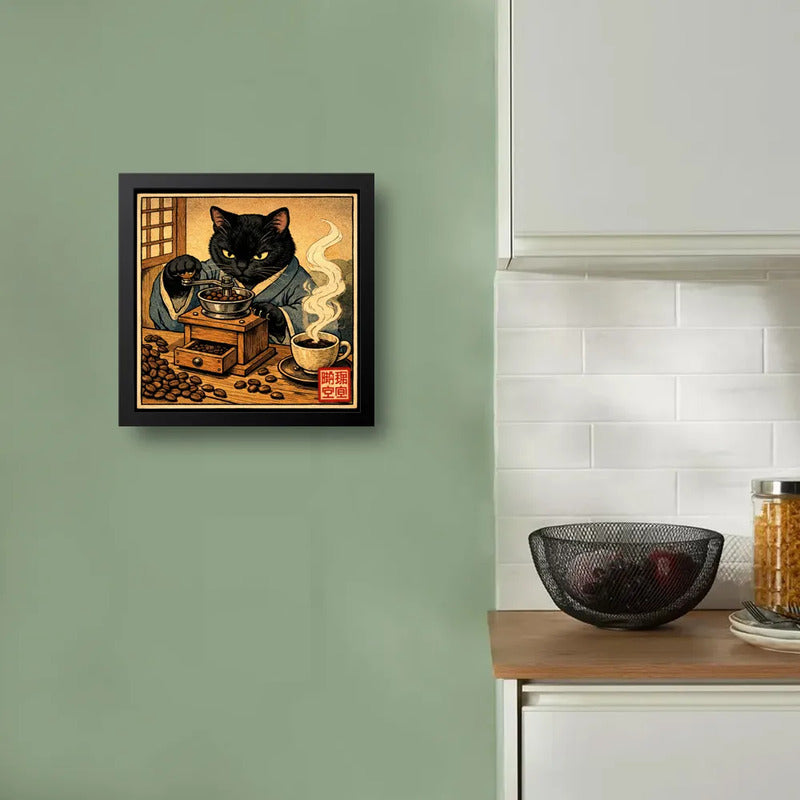 Cuadro Gato Negro Moliendo Café Cocina Arte Japon Coleccion Marco Negro
