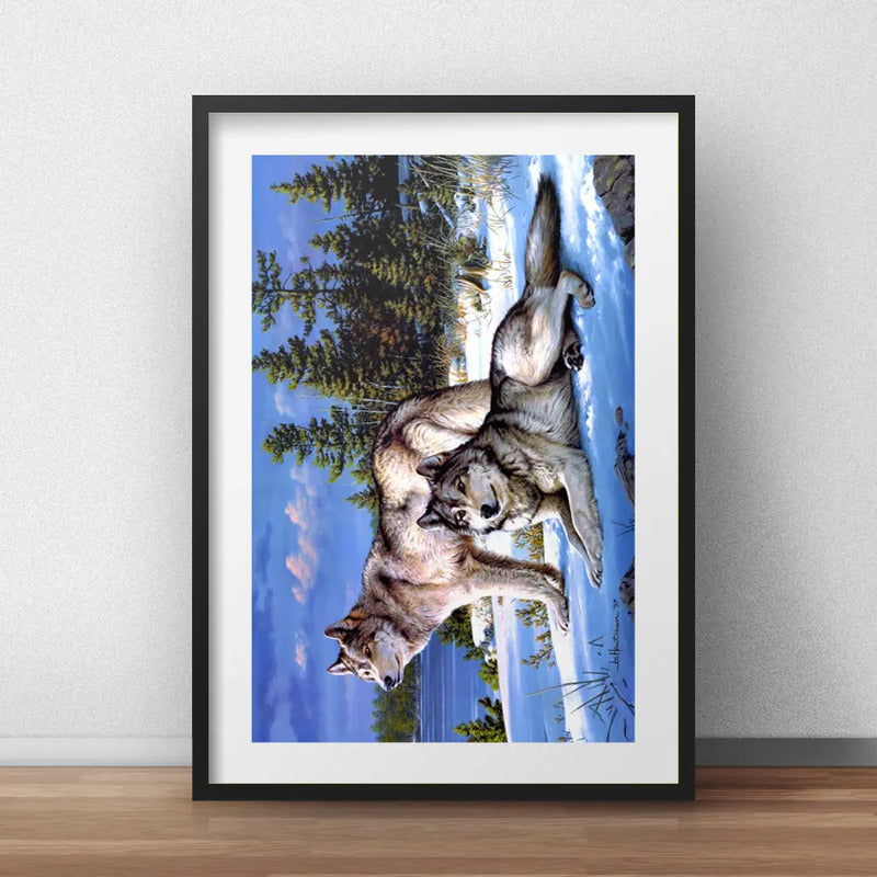 Cuadro Lobos De Invierno Montanas Decoracion Con Paspartú Marco Negro