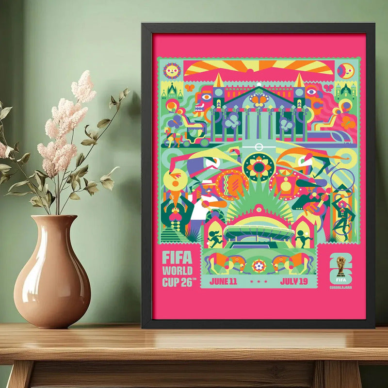 Cuadro Copa Del Mundo Futbol Fifa 2026 Póster Oficial Ciudad Guadalajara Mexico Negro