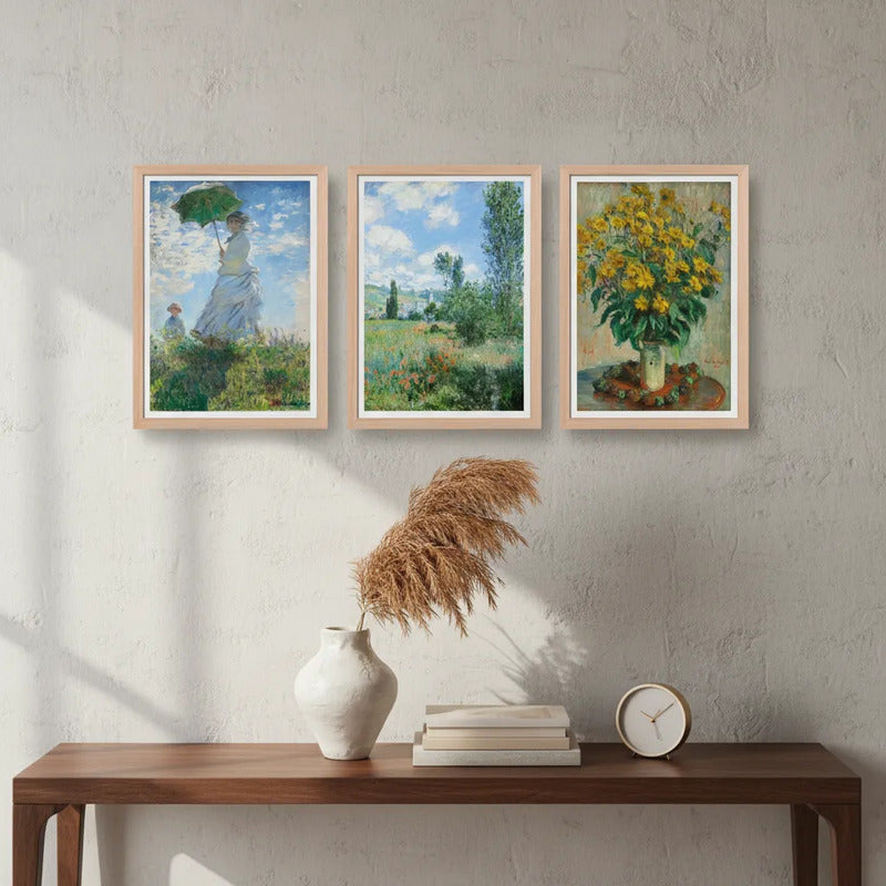 Set 3 Cuadros Living Dormitorio Claude Monet Classics Arte Marco Marrón Claro