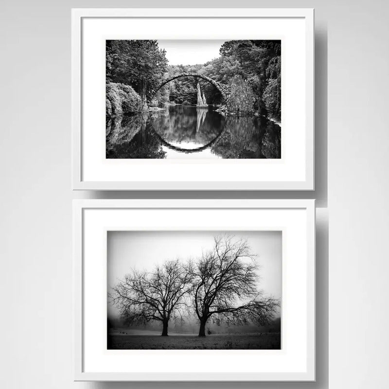 Set 2 Cuadros Paisajes Blanco Y Negro Arboles Deco Paspartu