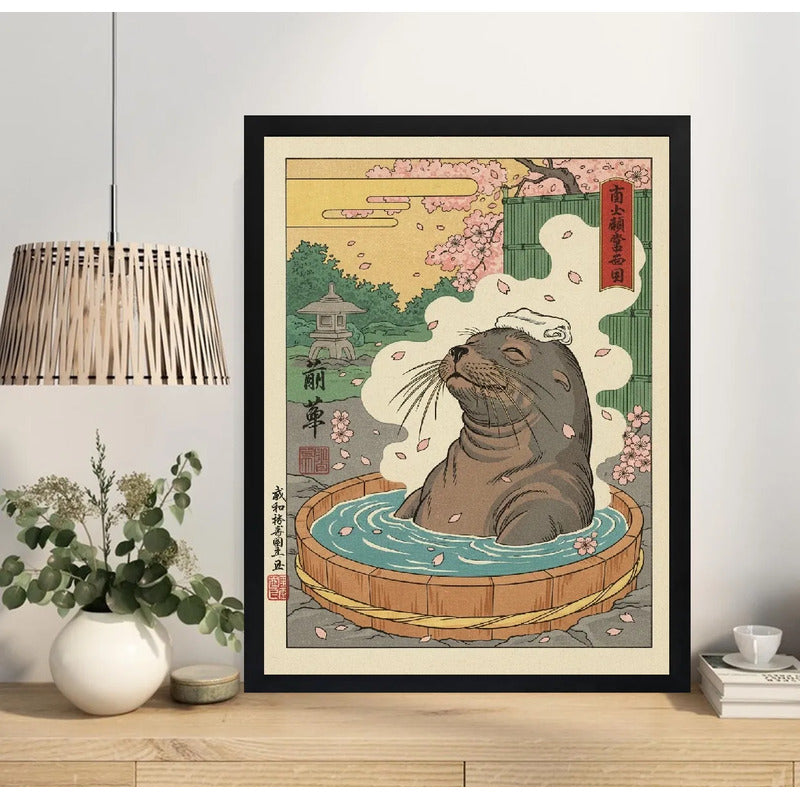 Cuadro Lobo Marino Banera Spa Bano Flores Cerezo Japón Marco Negro