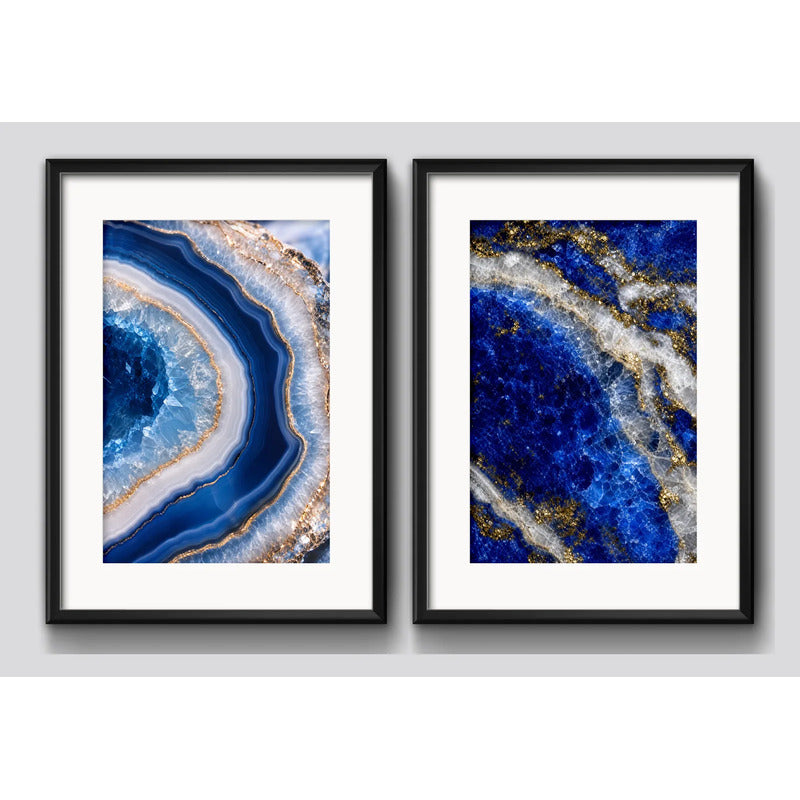 Set 2 Cuadros Agata Lapislazuli Abstracto Azul Con Paspartu 53x43cm Cada Cuadro Negro