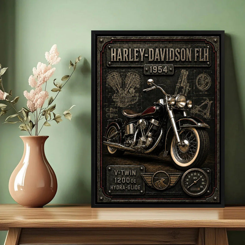 Cuadro Harley Davidson Moto Icónico Detalles Specs Efecto 3d Marco Negro