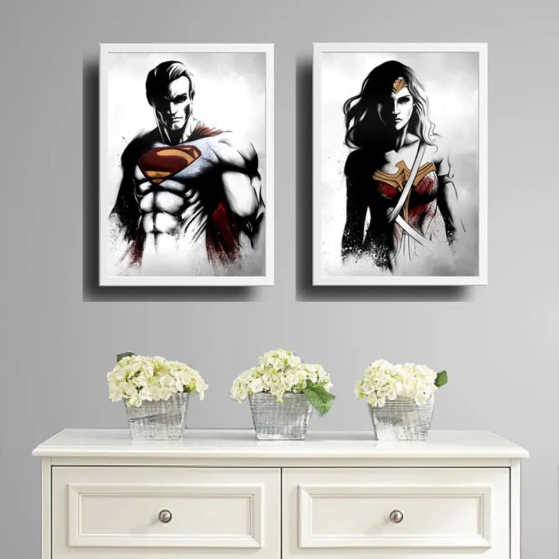 Set 2 Cuadros Superman Mujer Maravilla Superhéroes Dc Comics