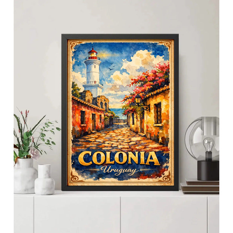 Cuadro Colonia Del Sacramento Casco Histórico Retro Uruguay Marco Negro