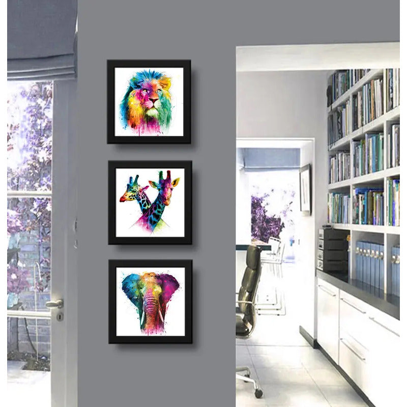 Set 3 Cuadros León Jirafa Elefante Pop Art Colors Decoracion