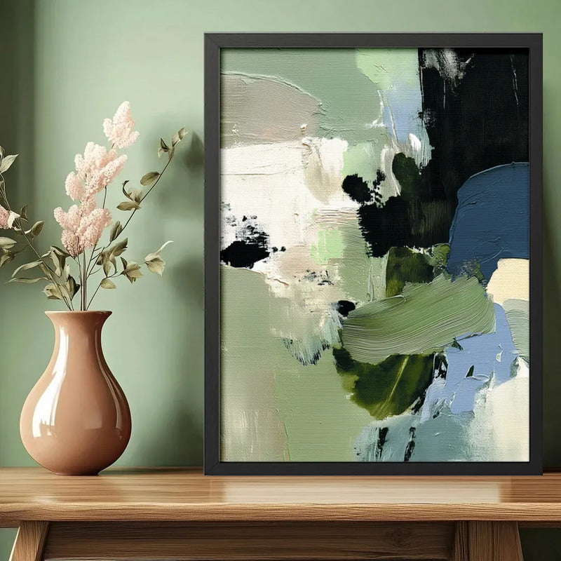 Cuadro Dormitorio Living Boho Abstracto Mossy Calm Verde Marco Negro