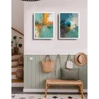 Set 2 Cuadros Dormitorio Living Abstracto Verde Azulado Ocre Marco Blanco