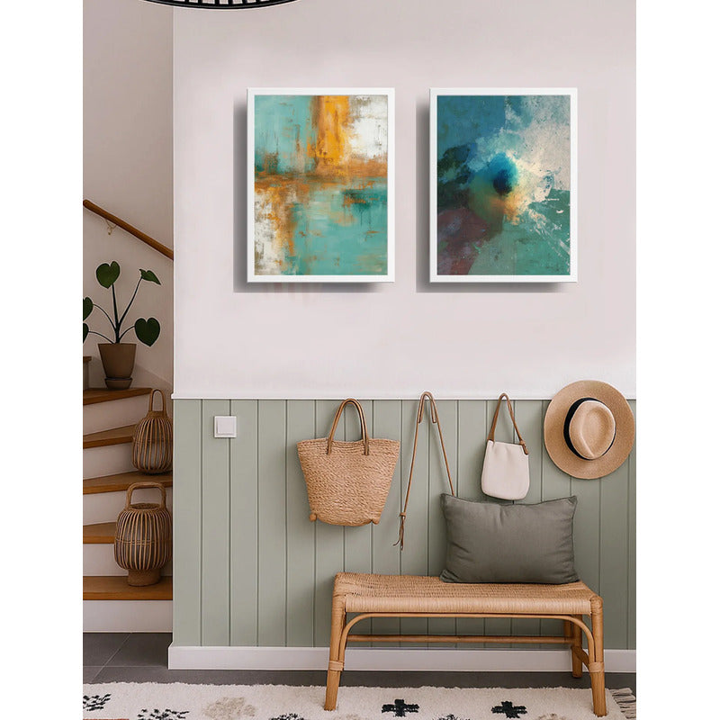 Set 2 Cuadros Dormitorio Living Abstracto Verde Azulado Ocre Marco Blanco