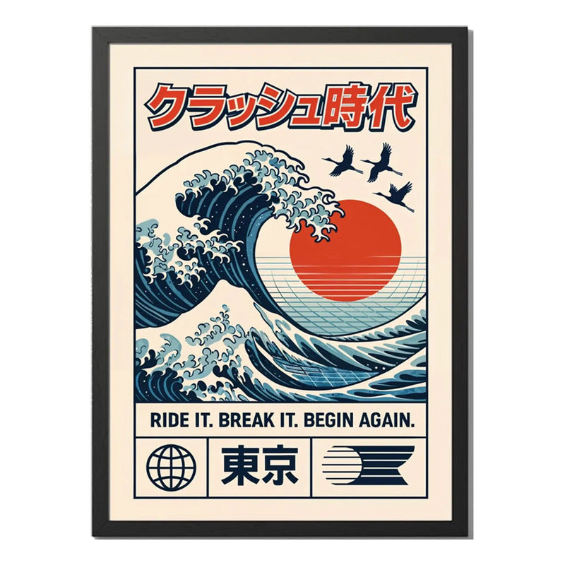 Cuadro Vaporwave Gran Ola Kanagawa Arte Japones Decoracion Marco Negro