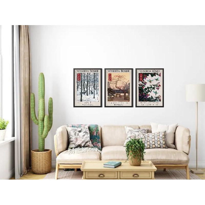 Set 3 Cuadros Living Yoshida Toshi Botanico Arte Japones Marco Negro