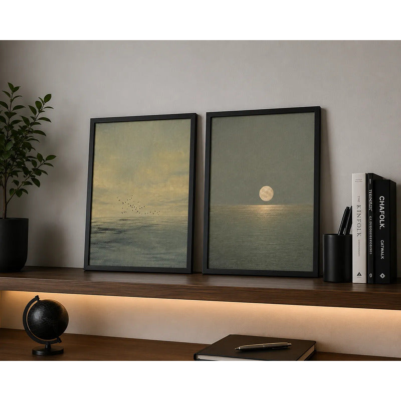 Set 2 Cuadros Living Dormitorio Paisaje Abstracto Sunset Marco Negro