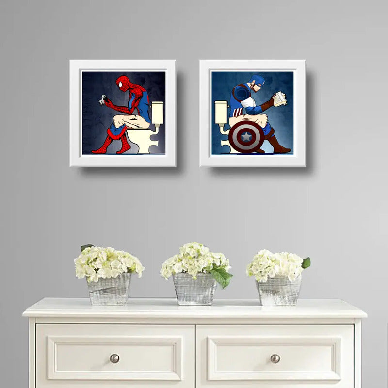 Set 2 Cuadros Spiderman Capitán America Baño Héroe Comics