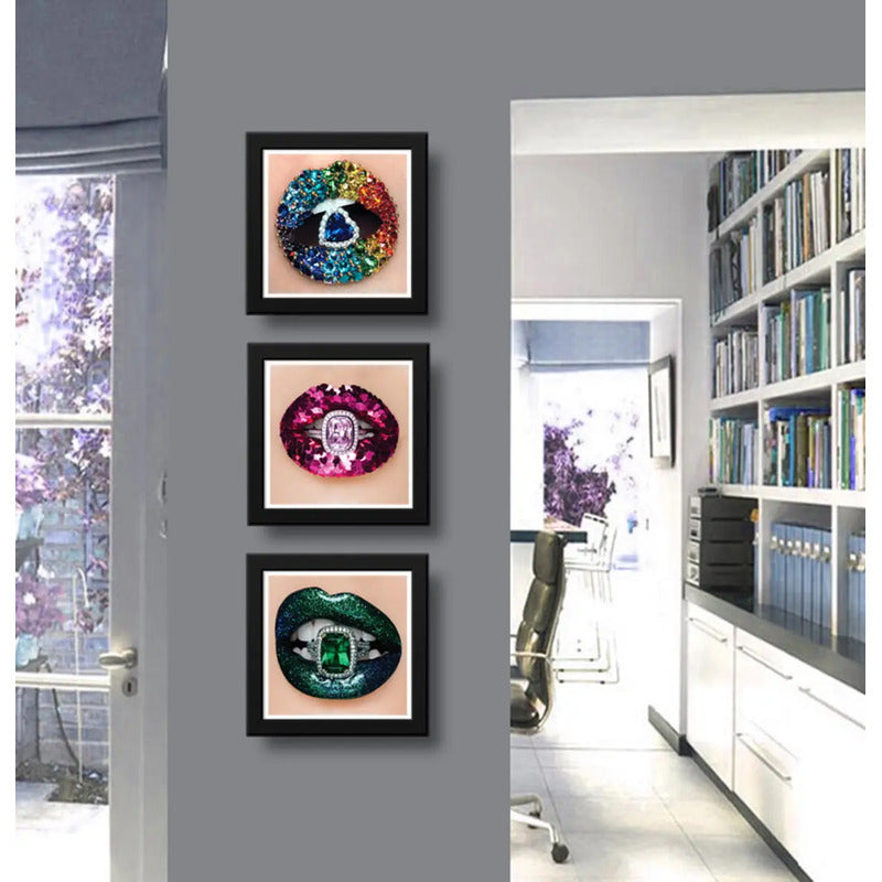 Set 3 Cuadros Fashion Boca Anillos Joyas Salon Decoración