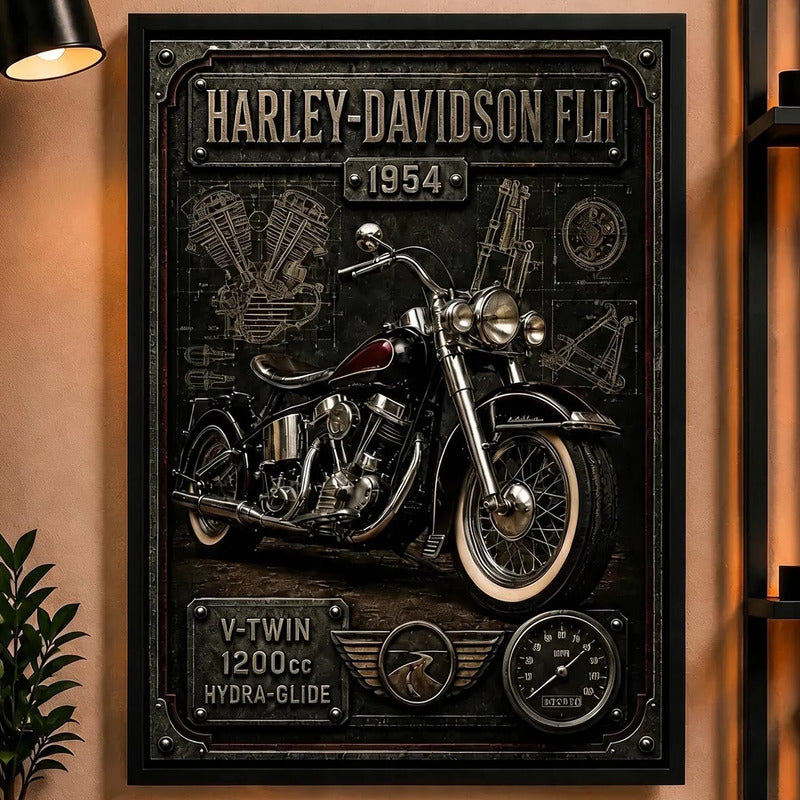 Cuadro Harley Davidson Moto Icónico Detalles Specs Efecto 3d Marco Negro
