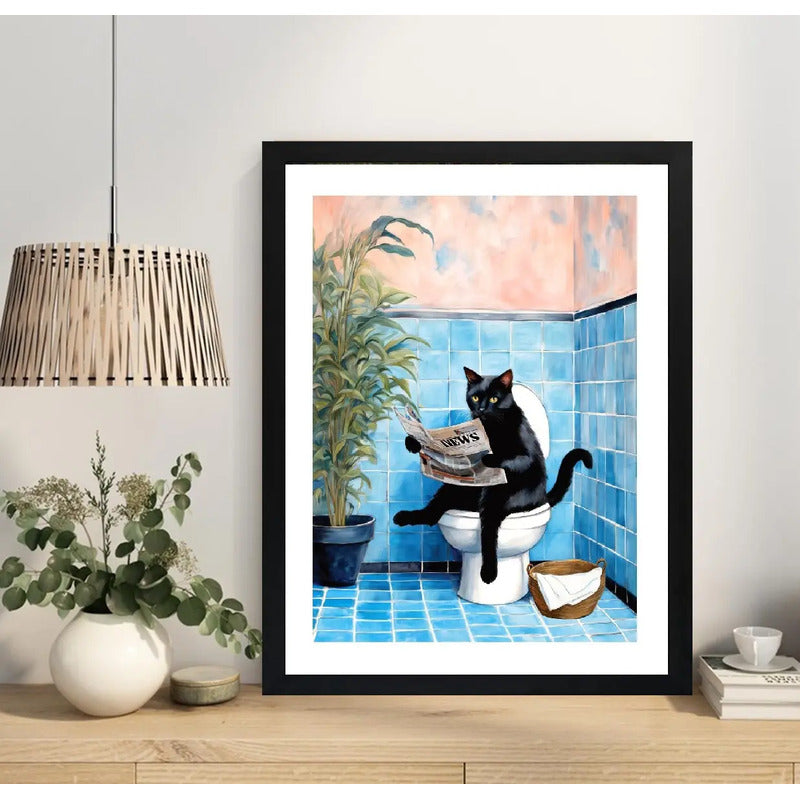 Cuadro Gato Negro Bano Arbol Arte Mascota Decoracion Moderna Marco Negro