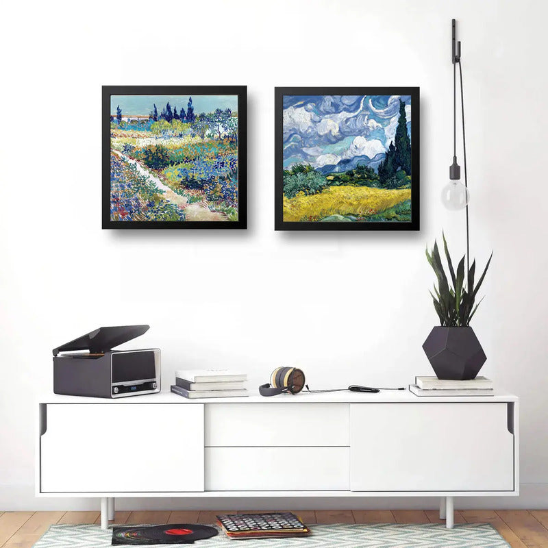 Set 2 Cuadros Van Gogh Jardín Arlés Y Campo Cipreses 33x33cm Marco Negro