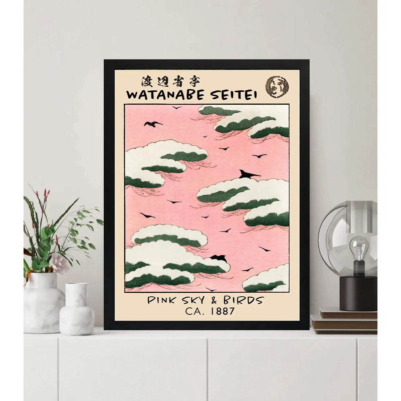 Cuadro Dormitorio Cielo Rosa Pájaros Watanabe Arte Japones Marco Negro