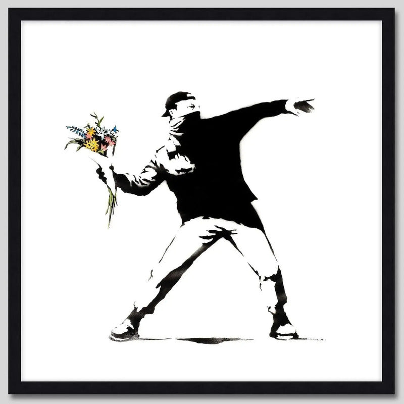Cuadro Banksy Love Is In The Air Flower Thrower Arte 33x33cm Marco Negro