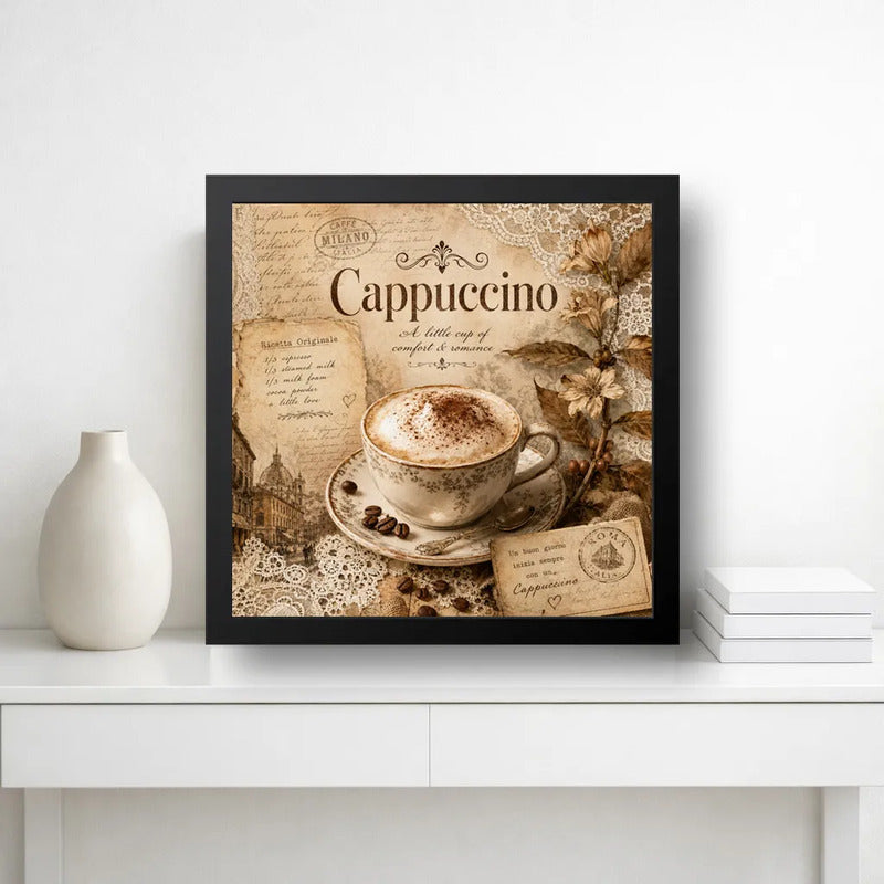 Cuadro Living Comedor Cocina Café Cappuccino Coffee Retro B2 Marco Negro