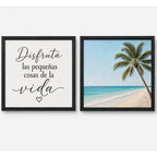 Set 2 Cuadros Paisajes De Playa Palmera Frase Motivacional Marco Negro
