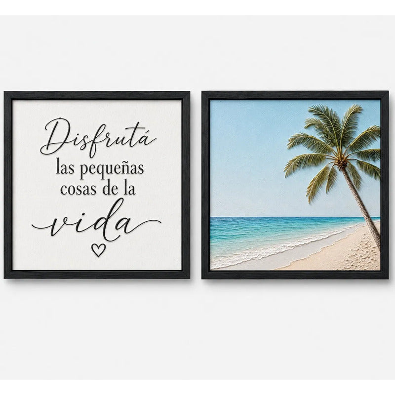 Set 2 Cuadros Paisajes De Playa Palmera Frase Motivacional Marco Negro