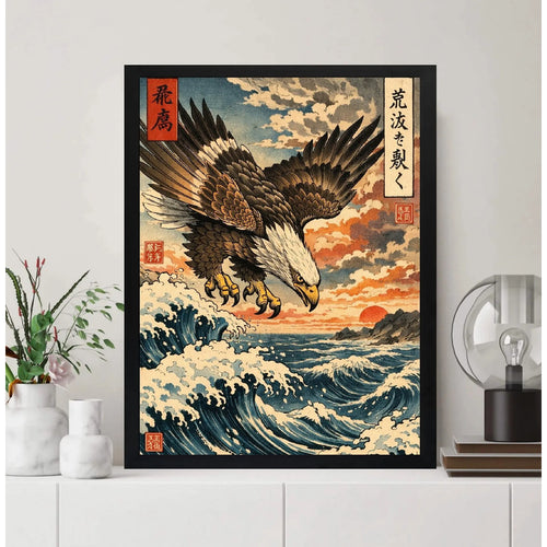Cuadro Águila Volando Ola Kanagawa Japón Arte Oriental Marco Negro