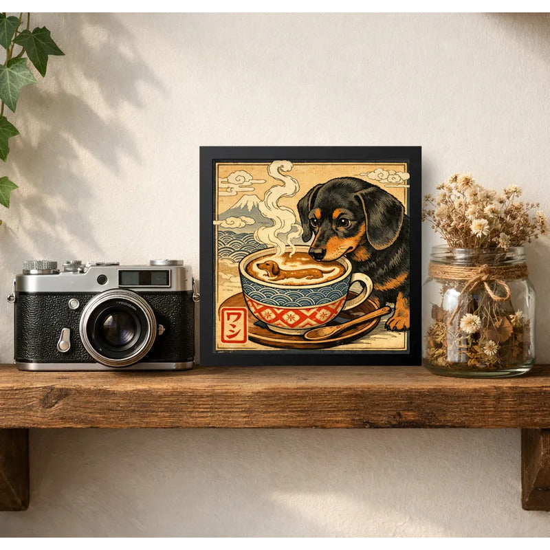 Cuadro Perro Salchicha Café Cocina Arte Japonés Coleccion Marco Negro