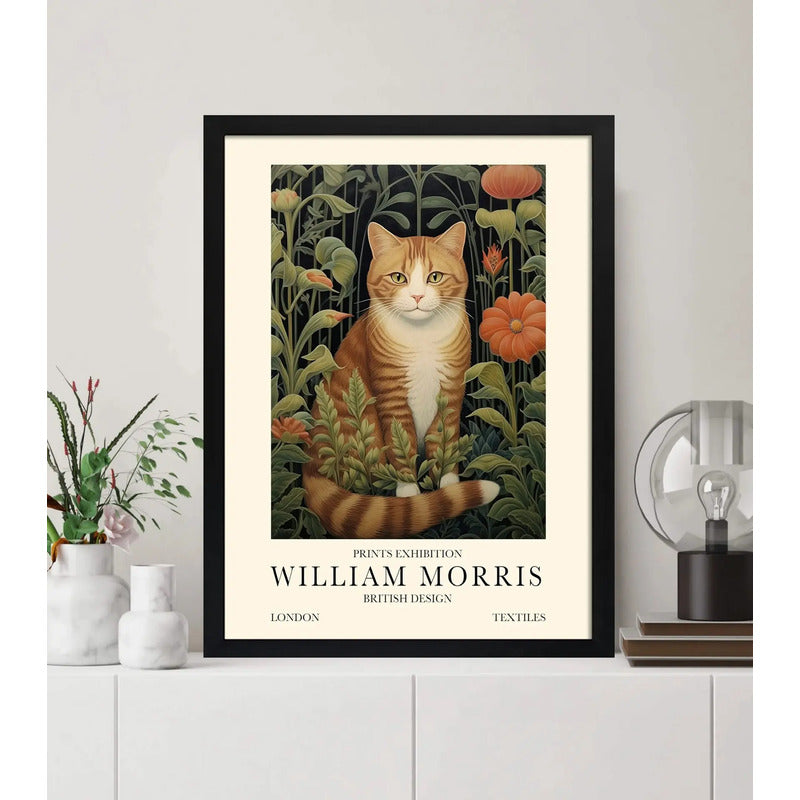 Cuadro Gato Flores William Morris Art & Craft 3 Exposición Marco Negro