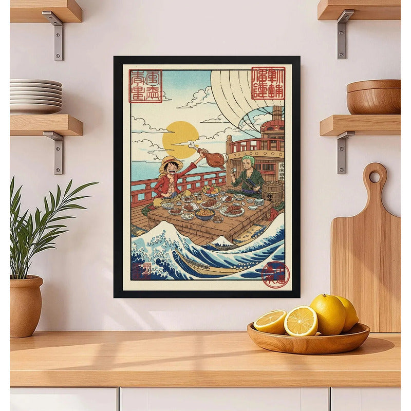 Cuadro Luffy Mesa Comida One Piece Anime Ola Japón Cocina Marco Negro