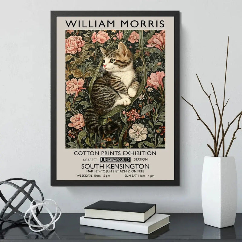 Cuadro Gato Flores William Morris Gatito Arte Exposición Marco Negro
