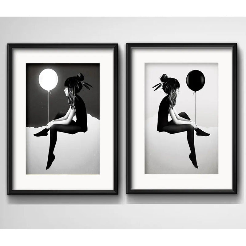 Set 2 Cuadros Chica Con Globo Blanco Y Negro Arte Paspartú