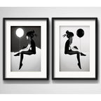 Set 2 Cuadros Chica Con Globo Blanco Y Negro Arte Paspartú