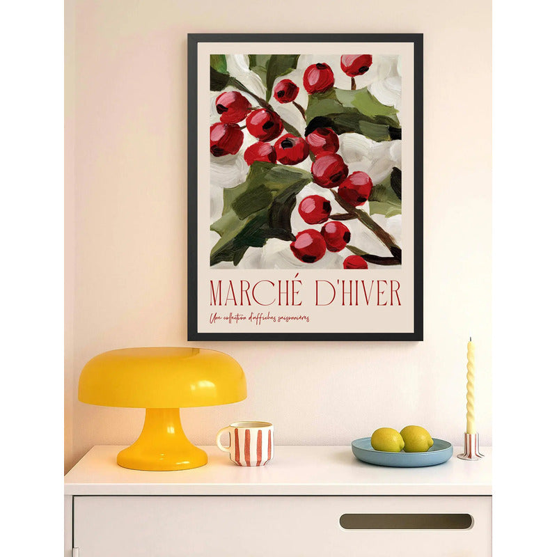 Cuadro Dormitorio Living Marché D'hiver Flores Bayas Arte Marco Negro