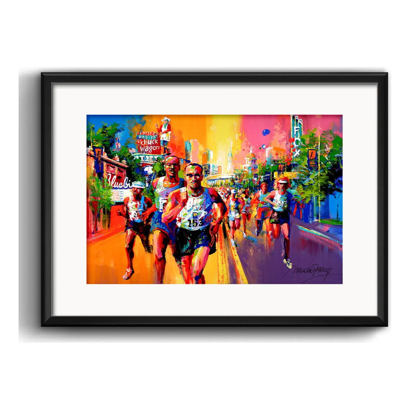 Cuadro Maratón Pop Art Corredor Carrera Calle Con Paspartu Marco Negro