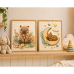Set 2 Cuadros Infantil Bebe Carpincho Globos Flor Efecto 3d Marco Madera Oak Madera Clara