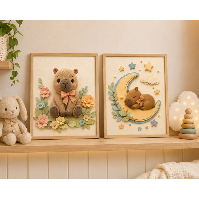Set 2 Cuadros Infantil Bebe Carpincho Globos Flor Efecto 3d Marco Madera Oak Madera Clara