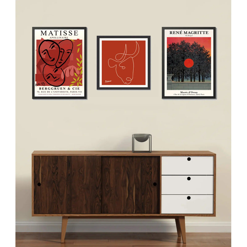 Set 3 Cuadros Para Living Cocina Estudio Tonos Rojos Red Matisse Picasso Magritte Con Marco Negro